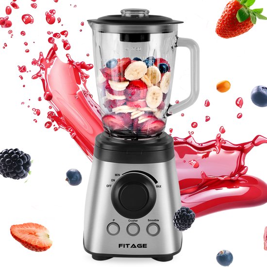 FITAGE Blender Glazen Kan 1.9L - Blender Smoothie Maker gehard Glas - Keukenblender 1200W - Vaatwasser bestendig - RVS van FITAGE