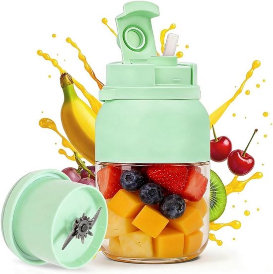 Flessenmixer Draagbaar - Smoothie Maker To Go - Verse Sappen Maken - 38 RVS Messen - 1200 ml - Groen