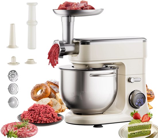 Flolife - Keukenmachine 7 Liter 1200W – Standmixer met DC Motor, Deeghaak, Ballongarde, Klopper en Vleesmolen Accessoire van Merkloos