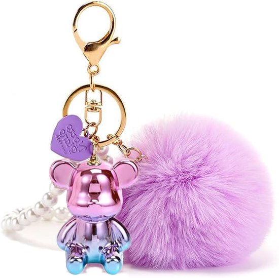 Fluffy Pom Pom Sleutelhanger met 3D Beer - Pluche Tas Hanger voor Winter, Blauw, M - Trendy Accessoire voor Handtassen en Rugzakken