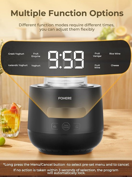 FOHERE B20T1 Yoghurtmaker – 8 Programma's – 2 XXL Glazen Potten 2L & 1,4L – 4 Keramische Bekers – Griekse Yoghurt & Kaas – Zwart
