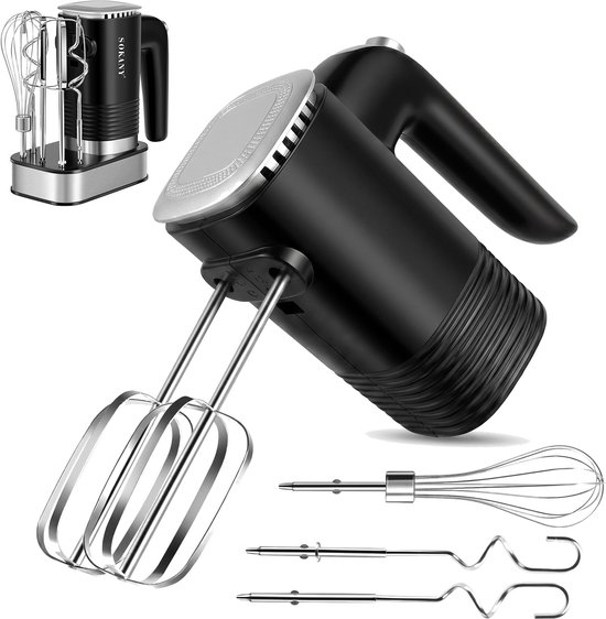 Fokelyi Handmixer - 5 Snelheden en Turbofunctie - Kloppers - Met Deeghaken en Gardes – Inclusief Opbergbasis - RVS - 800W