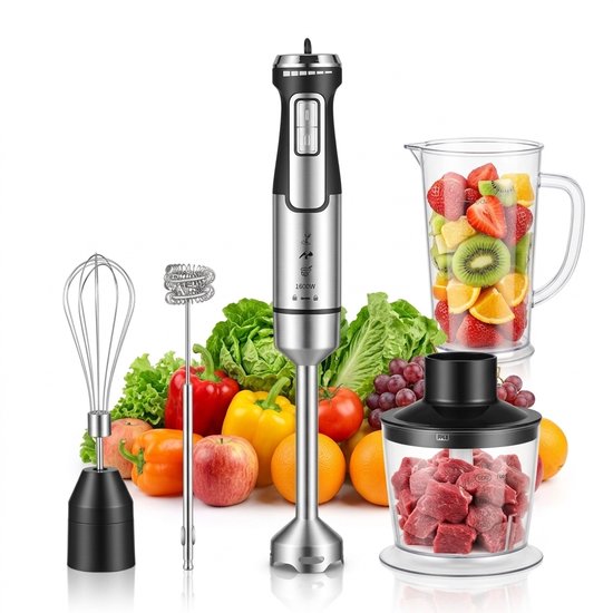 Fokelyi Staafmixer 5-in-1 Set-1600W Mixer Met Maatbeker 800ml-Hakmolen En Garde-Vaatwasserbestendig-5 Snelheden-4 Messen-RVS-Zwart