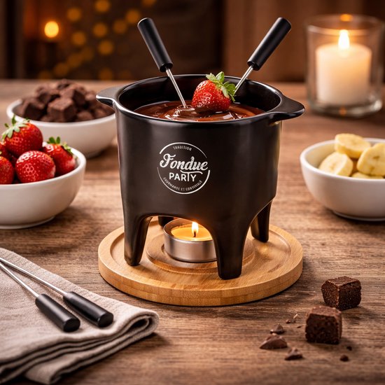 Fondue Set voor 2 Personen - Keramiek met Bamboe Onderplaat - Inclusief 2 Vorkjes - Ø 11 x H 15 cm
