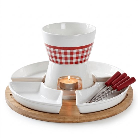 Fondue Set voor 4 Personen – Bamboe en Porselein – Inclusief Schalen en Vorkjes -26,5 x 26,5 x 19 cm