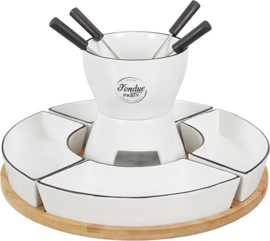 Fondue Set voor 4 Personen - Bamboe en Porselein - Inclusief Schalen en Vorkjes - 30 x 30 x 19 cm