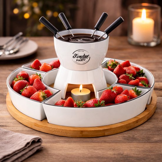 Fondue Set voor 4 Personen - Porselein & Bamboe - Inclusief Schalen & Vorkjes - 30 x 30 x 19 cm