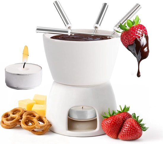 Fondueset Keramiek voor Kaas en Chocolade - Inclusief 4 RVS Vorken Theelicht Demontabele Basis - Perfect voor Gezellige Avonden Camping Picknick - Wit