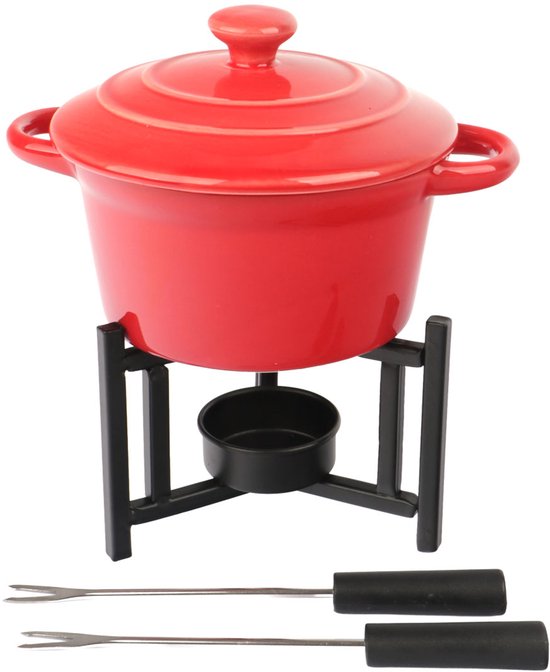 Fondueset Rood - Kaasfondue - Chocoladefondue - Fonduepannen - Fonduepan - Inclusief 2 vorkjes - Ø 14 cm