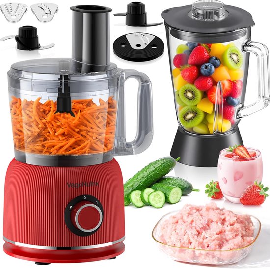 Foodprocessor en mixer combinatie - 2,5 L hakker voor vlees en groenten, 2 L blender met 1500 W glazen container, 2 snelheden en pulsefunctie voor smoothies van Merkloos