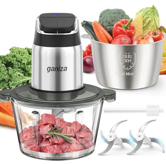 Foodprocessor en vleesmaler met glazen en roestvrijstalen kommen, 450W motor en oververhittingsbeveiliging van Merkloos