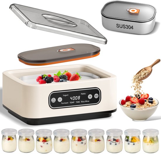 FOSMET Yoghurtmaker - Automatische Yoghurtmachine - Yoghurtautomaat 1.36 liter met 9 potten - Met Timer en Instelbare Temperatuur - OLED Display - Voor zelfgemaakte yoghurt, natto,rijstwijn of andere gefermenteerde producten - Wit