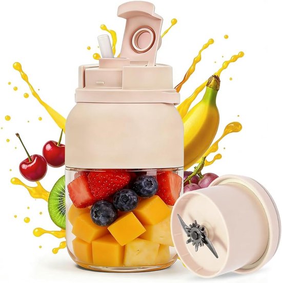 Fresh Juice Mixerfles, smoothie maker to go, 1200 ml flessenmixer met 38 messen, draagbare mixer met lekvrij deksel voor reizen, kantoor, sportschool, camping (wit)