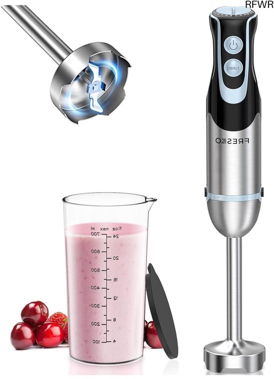 Fresko Hand Blender, 1000W Stainless Steel Pürier Stab with 12 Speed Levels, TURBO Knob, 700 ml Cup with Lid for Preparing Sauce, Baby Food and Soup