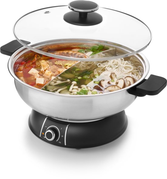 FRITEL Hot Pot Fonduepan - HP 2970 - Elektrische Fondue met Gescheiden Kom - Voor Vis, Vlees, Soep & Dessert - 1600W - Inox/Zwart