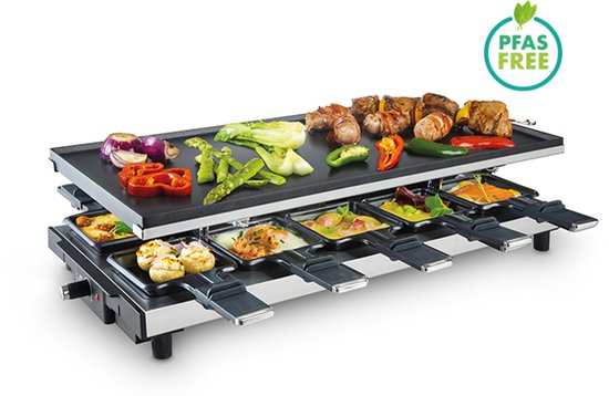 FRITEL Raclette Grill RG 4180 - Gourmetstel / Tafelgrill Kerst - Omkeerbare Bakplaat - 1700W - 48,5 x 24 cm - 2 to 10 Pers.- PFAS vrij + 10 Raclettepannetjes & Spatels