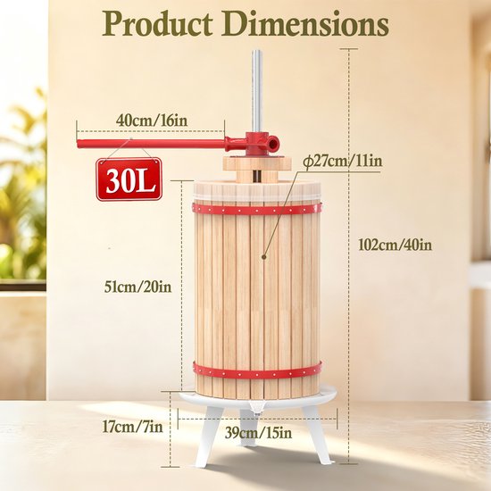Froadp 30L Handmatige Fruitpers & 7L Fruitmolen - Handmatige fruitpersset - voor vers fruit, familiebijeenkomsten,Wijnmaken