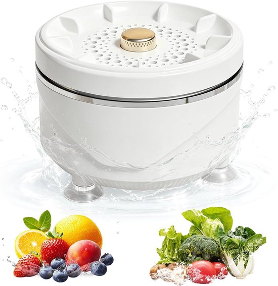 Fruit- en groentewasmachine met Dual Core Vortex-reiniging, draagbare draadloze levensmiddelenreiniger met Hydroxy Lonen-technologie, oplaadbare reinigingsmachine voor fruit, groenten en vlees - wit [Energieklasse A]