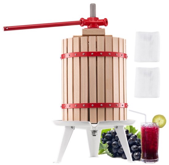 Fruit- en wijnpers - Handmatige mandpers 18 liter - Massief houten mand - Robuust ontwerp - Ciderpers/Appelpers/Druivenpers - Met handvat