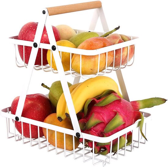 Fruitopslag 2-laags - witte metalen fruitstandaard - afneembaar design - ideaal voor groente en fruit - ShopVlot
