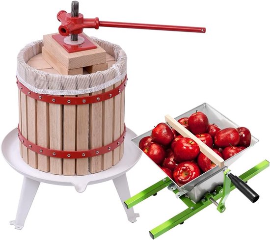 Fruitpers 12L Hout + Fruitmolen 7L RVS - Complete Handmatige Vruchtenpers & Appelmolen Set - Inclusief Persdoek, Drukplaat en Metalen Spindel - Geschikt voor Wijn, Cider, Appels en Bessen - NAIZY