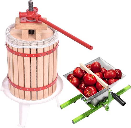 Fruitpers 18L Hout + Fruitmolen 7L RVS - Complete Handmatige Vruchtenpers & Appelmolen Set - Inclusief Persdoek, Drukplaat en Metalen Spindel - Geschikt voor Wijn, Cider, Appels en Bessen - NAIZY