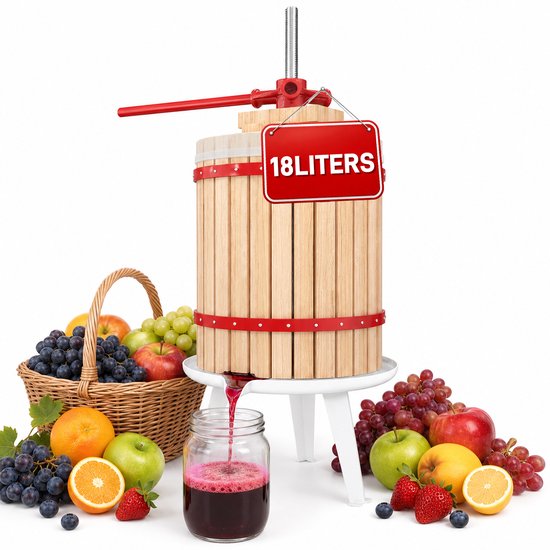 Fruitpers 18L Hout - Manuele Sap-, Wijn- en Bessenpers Complete Set - Inclusief Persdoek, Drukplaat, Metalen Spindel en Driebenig Onderstel - Geschikt voor Fruit- en Groentesap - NAIZY