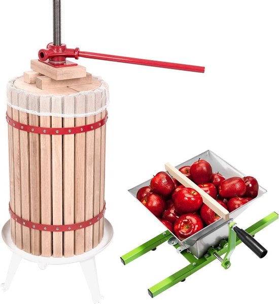 Fruitpers 30L Hout + Fruitmolen 7L RVS - Complete Handmatige Vruchtenpers & Appelmolen Set - Inclusief Persdoek, Drukplaat en Metalen Spindel - Geschikt voor Wijn, Cider, Appels en Bessen - NAIZY