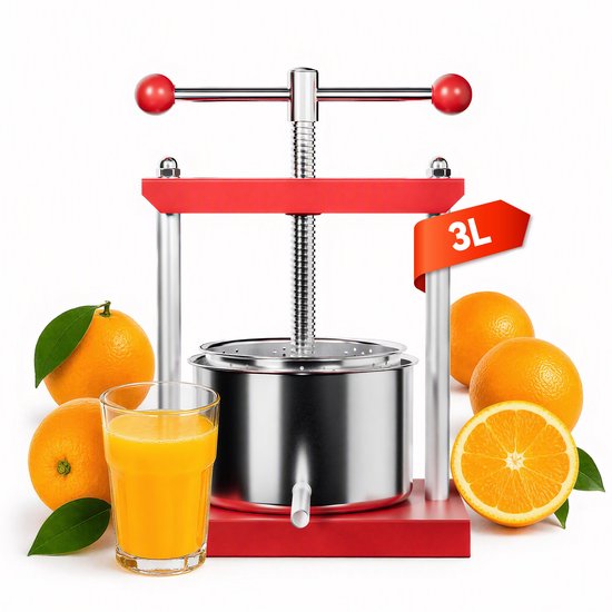 Fruitpers 3L Handmatig - Dubbele Wijn- & Bessenpers met RVS Filteremmer - Inclusief Drukplaat, Metalen Spindel en Uitloopbuis - Geschikt voor Fruit- en Groentesap - NAIZY