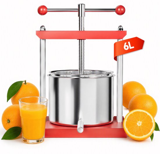 Fruitpers 6L Handmatig - Dubbele Wijn- & Bessenpers met RVS Filteremmer - Inclusief Drukplaat, Metalen Spindel en Uitloopbuis - Geschikt voor Fruit- en Groentesap - NAIZY