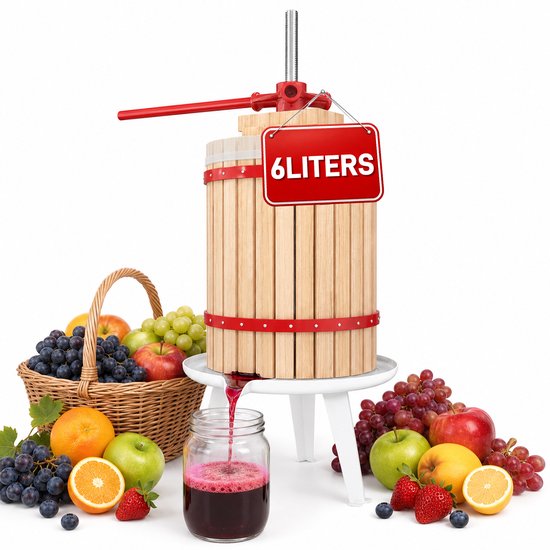 Fruitpers 6L Hout - Handmatige Fruitpers - Wijnpers - Incl. Persdoek &Drukplaat - voor Fruit Bessen Groentesap en Wijnmaken - NAIZY