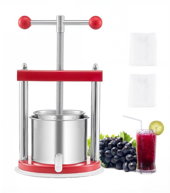 Fruitpers & Ciderpers - Handmatige RVS Pers - Inhoud 1,65 L - Dubbele RVS Vaten - T-greep - Appel- en Druivenpers