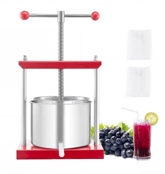 Fruitpers - Handmatige ciderpers/wijnpers - Inhoud 6 L - 2 roestvrijstalen vaten - T-greep - Appelpers & Druivenpers