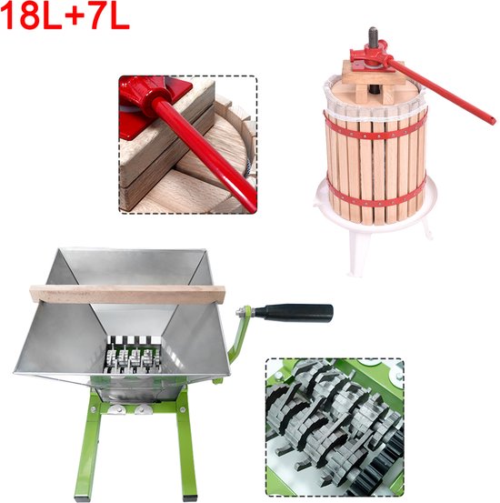 Fruitpers met 7L Obstmolen - Handmatige Sapbereidingsset - Houten Fruitpers 18L voor Appels, Peren & Druiven - Zonder Stroom