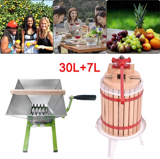 Fruitpers met 7L Obstmolen - Handmatige Sapbereidingsset - Houten Fruitpers 30L voor Appels, Peren & Druiven - Zonder Stroom