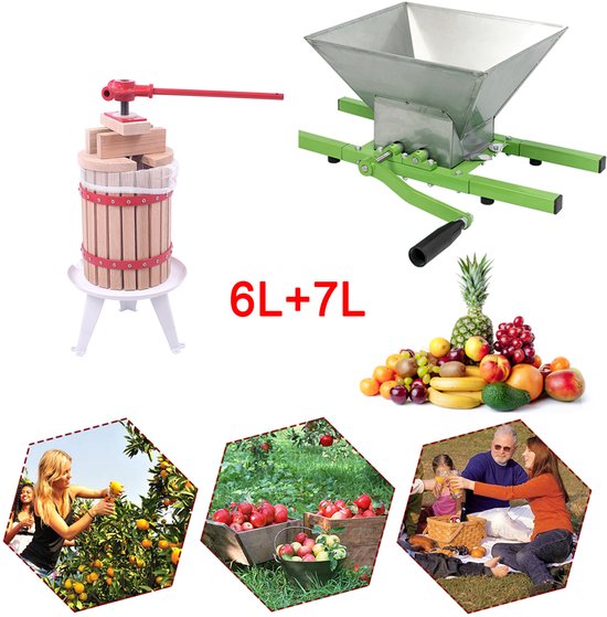 Fruitpers met 7L Obstmolen - Handmatige Sapbereidingsset - Houten Fruitpers 6L voor Appels, Peren & Druiven - Zonder Stroom