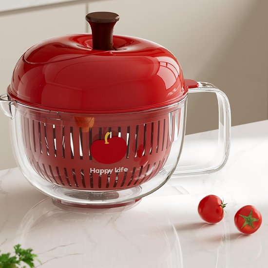 Fruitwasser Kom - Groenten Spinner - Salade Voorbereiden - Directe Stop Functie - 23 x 23 x 18 cm - Rood