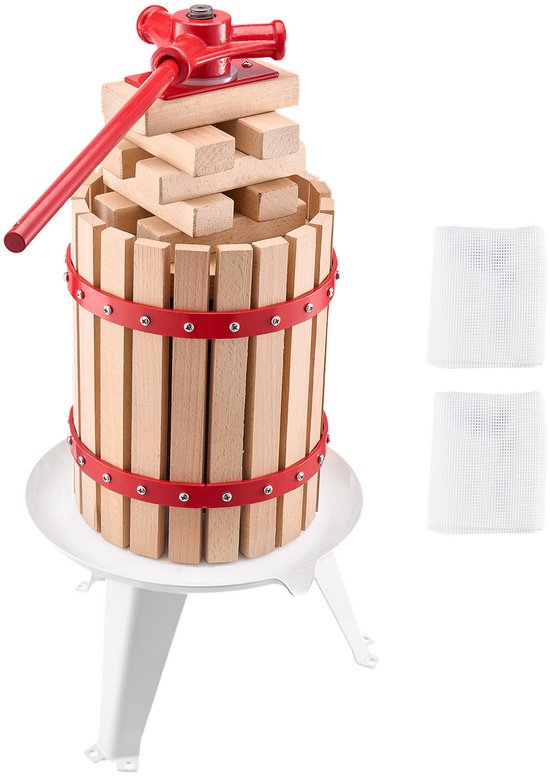 Fruitwijnpers met 6 Liter Houten Mand en 8 Blokken – Robuuste Manuele Sappers voor Appels, Druiven en Olijven – Ideaal voor het Maken van Sappen en Oliën in de Keuken