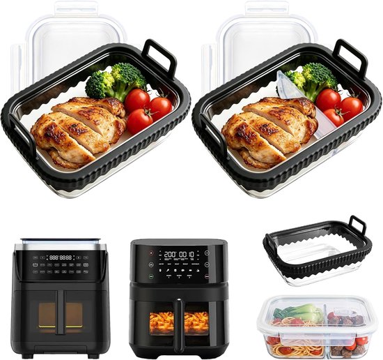 Fryer glazen container, ovenschaal van glas met deksel, siliconen handgrepen en afneembare siliconen ring, airfryer voor Airfryer Ninja AF400EU AF451EU AF500EU