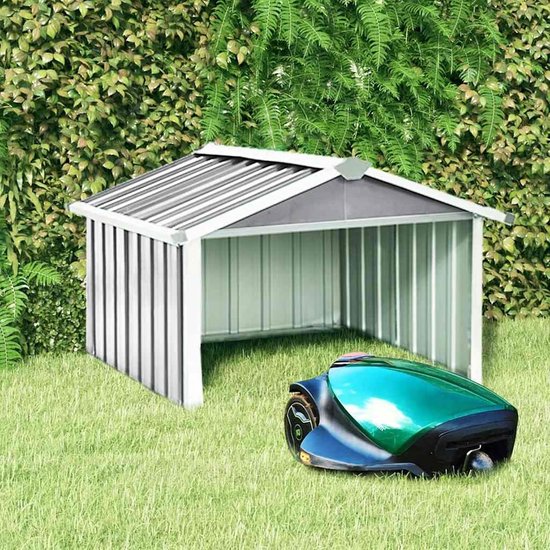 Garage voor grasmaaiers, schuur voor grasmaaiers, verzinkt staal, grijs, 92 x 97 x 63 cm, tuinhuis, metaal, schuur, tuin, outdoor, magazijn