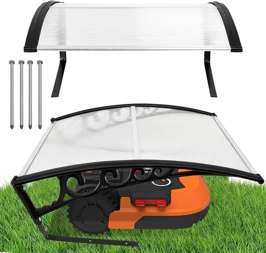 Garage voor robotmaaier, carport voor grasmaaiers en robotmaaiers, 105 x 85 x 45 cm, weerbestendige garage voor de tuin, uv-bescherming, robotmaaiergarage met metalen poten, transparant