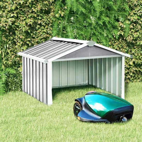 Garage voor robotmaaier, garage met zadeldak, gazonrobot, carport, zon- en regenbescherming voor grasmaaier, grasmaaier, garage, 92 x 97 x 63 cm, verzinkt staal, grijs
