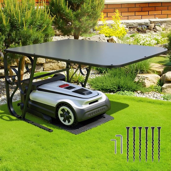 Garage voor robotmaaier met metalen poten, beschermende overkapping, carport, overkapping voor grasmaaier, grasmaaier, uv-bescherming, ideaal tegen regen en hagel, 43 x 56 x 82 cm, zwart