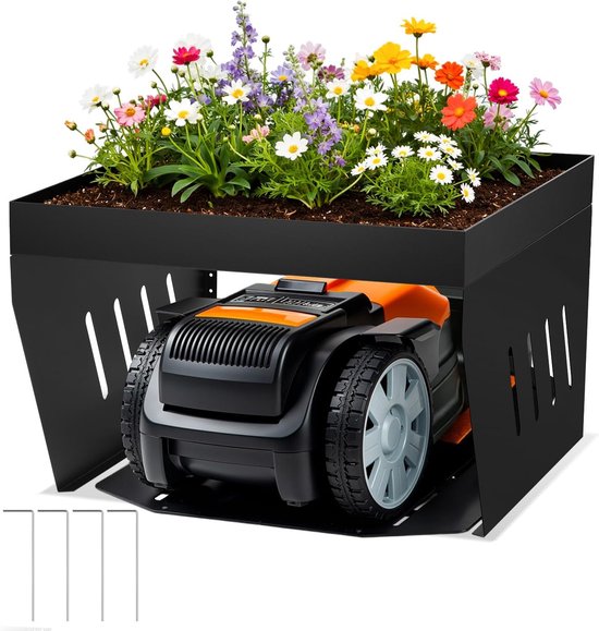 Garage voor robotmaaier, met plantenbak, verzinkte beschermoverkapping, carport, overkapping voor grasmaaier, grasmaaier, uv-bescherming, ideaal tegen regen en hagel, 42 x 61 x 70 cm, zwart
