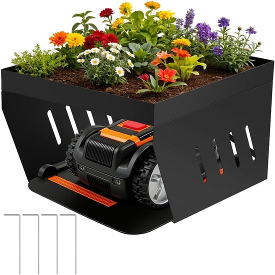 Garage voor robotmaaier met plantenbak, wind- en weer, beschermt de robotmaaier tegen uv-straling, stalen overkapping voor robotmaaier, zwart