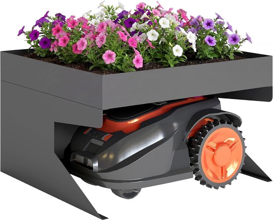 Garage voor robotmaaier, staal, 75 x 70 x 46 cm, garage met plantenbak, grasmaaier van verzinkt staal, carport, onderdak, overkapping, regenbescherming voor grasmaaiers, zwart