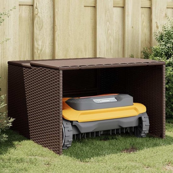 Garagemeubel voor robotmaaier, bruin, 86 x 90 x 52/57 cm, van polyrotan, meubeldecoratie, binnen- en buitenmeubels voor woonkamer, kantoor