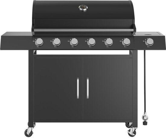 Gasbarbecue met 7 Branders - Buiten Grill met Zijbrander, Thermometer en Opbergkast, Propaan Barbecue met 6 Hoofdbranders plus 1 Zijbrander, Zwart RVS