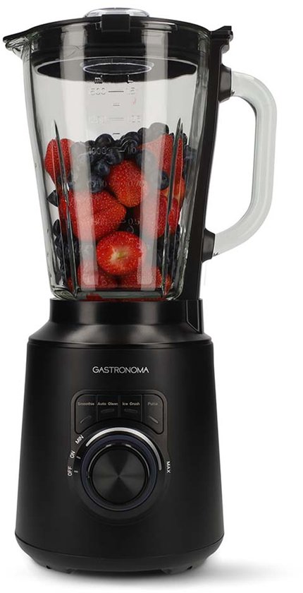 Gastronoma Blender - 1500W - 1,5L glazen kan - Variabele snelheid - Pulsfunctie - Smoothie-, ijscrush- en zelfreinigingsfunctie - Zwart