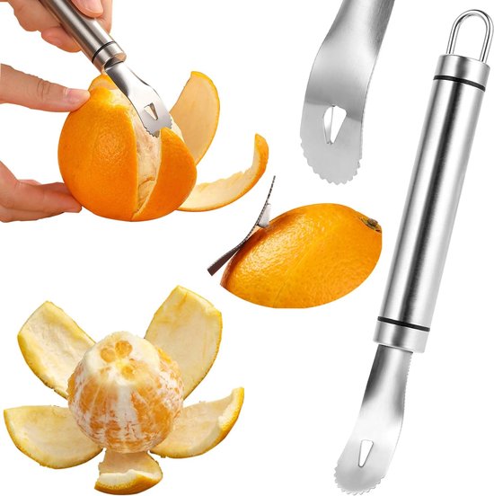 Gebruiksvriendelijke sinaasappelschiller van roestvrij staal, snelle schiller met lange steel, sinaasappelschiller, citrusschiller met driehoekige en gekartelde spatel, creatief keukengadget